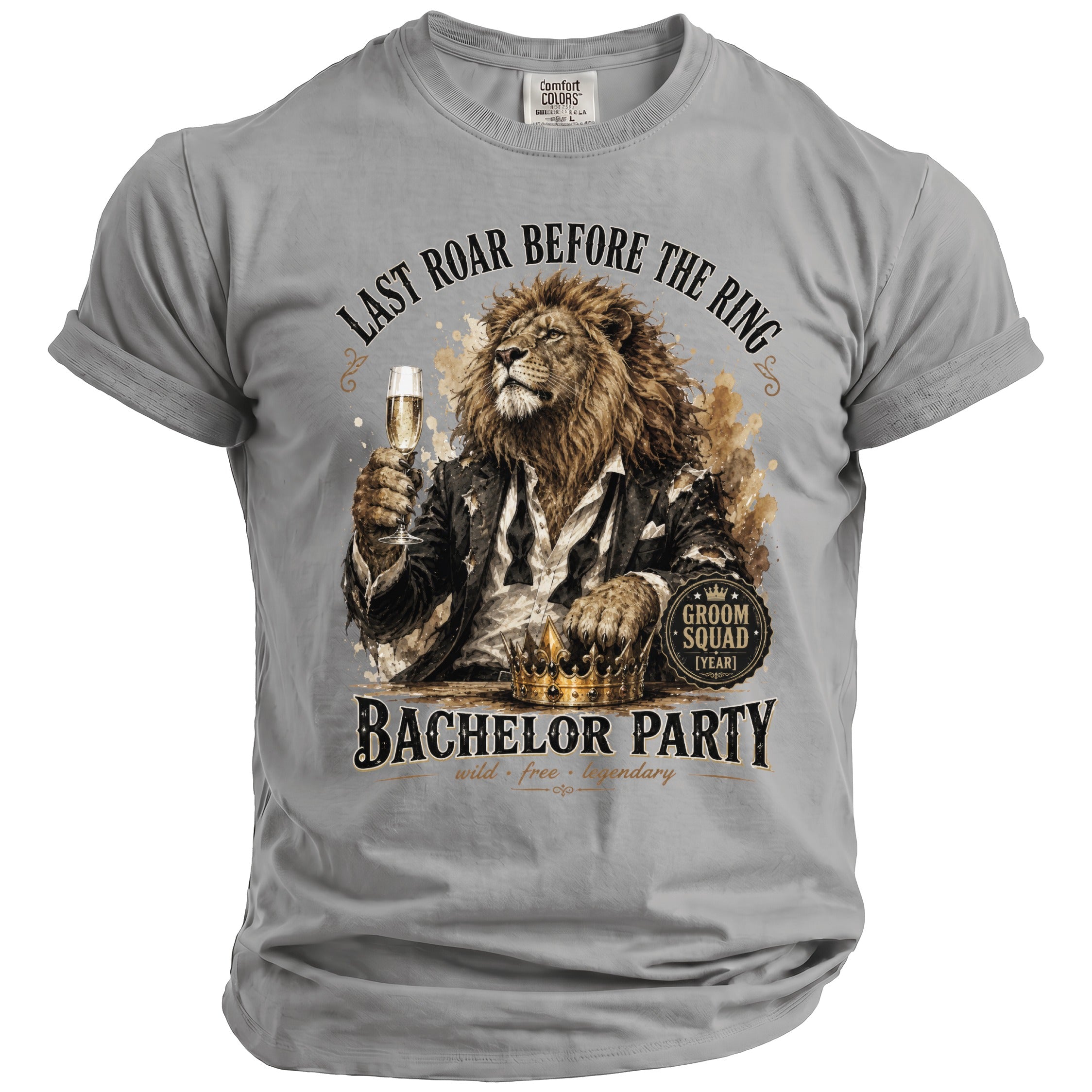 Lion in suit with champagne glass and crown, text "Last Roar Before the Ring Bachelor Party".