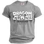 Gray t-shirt with "Dragon My Ass to the Altar" and "Bachelor Party" text.