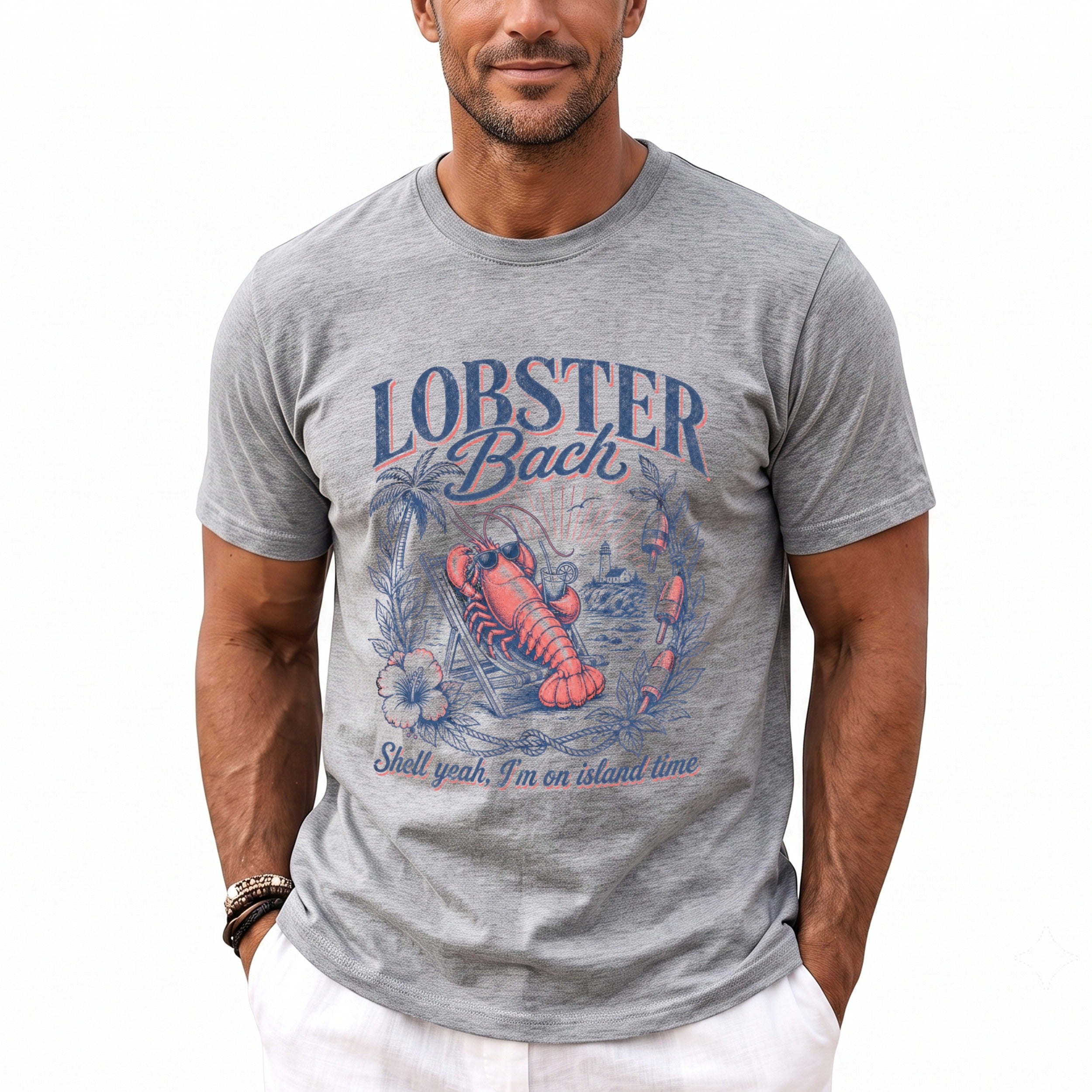 Grey t-shirt with "Lobster Back" graphic featuring lobster, beach, and lighthouse.
