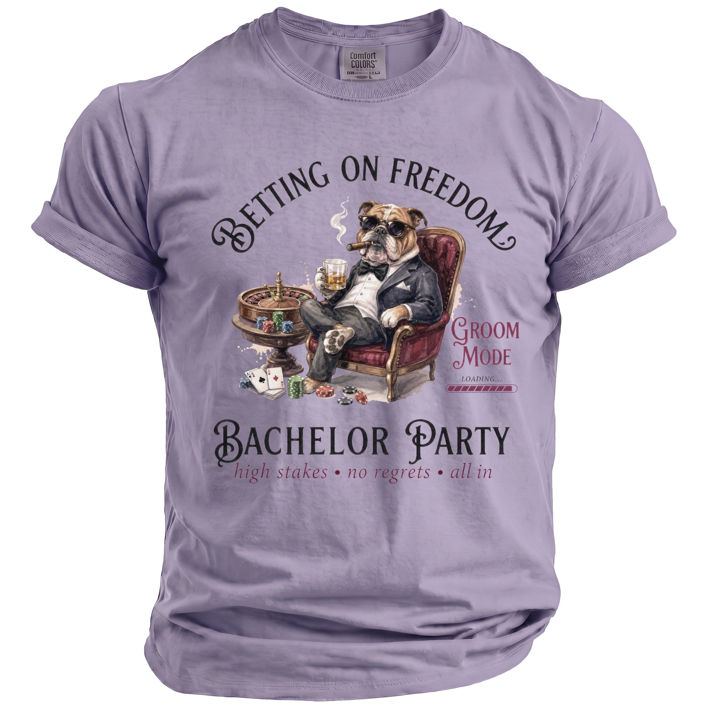 Bulldog in suit with cigar, cigar, drinks, roulette, chips, cards on t-shirt with text.