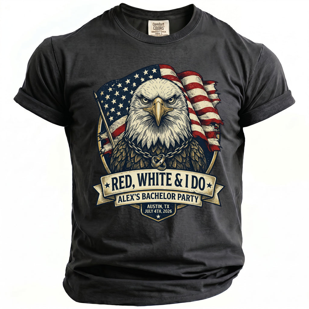 T-shirt with an eagle, American flag, and text "RED, WHITE & I DO ALEX'S BACHELOR PARTY".