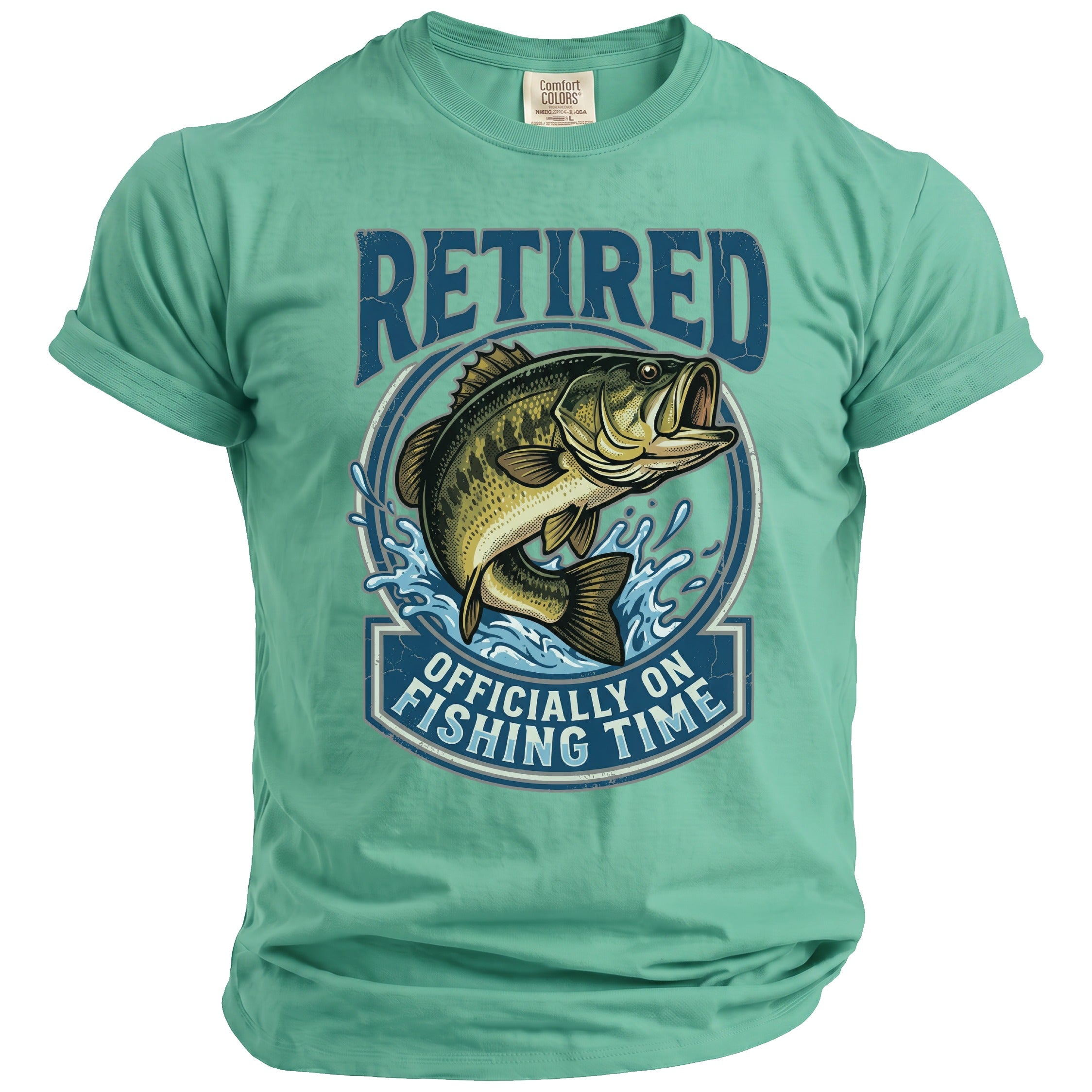 T-shirt graphic with bass jumping and text "Retired Officially On Fishing Time".