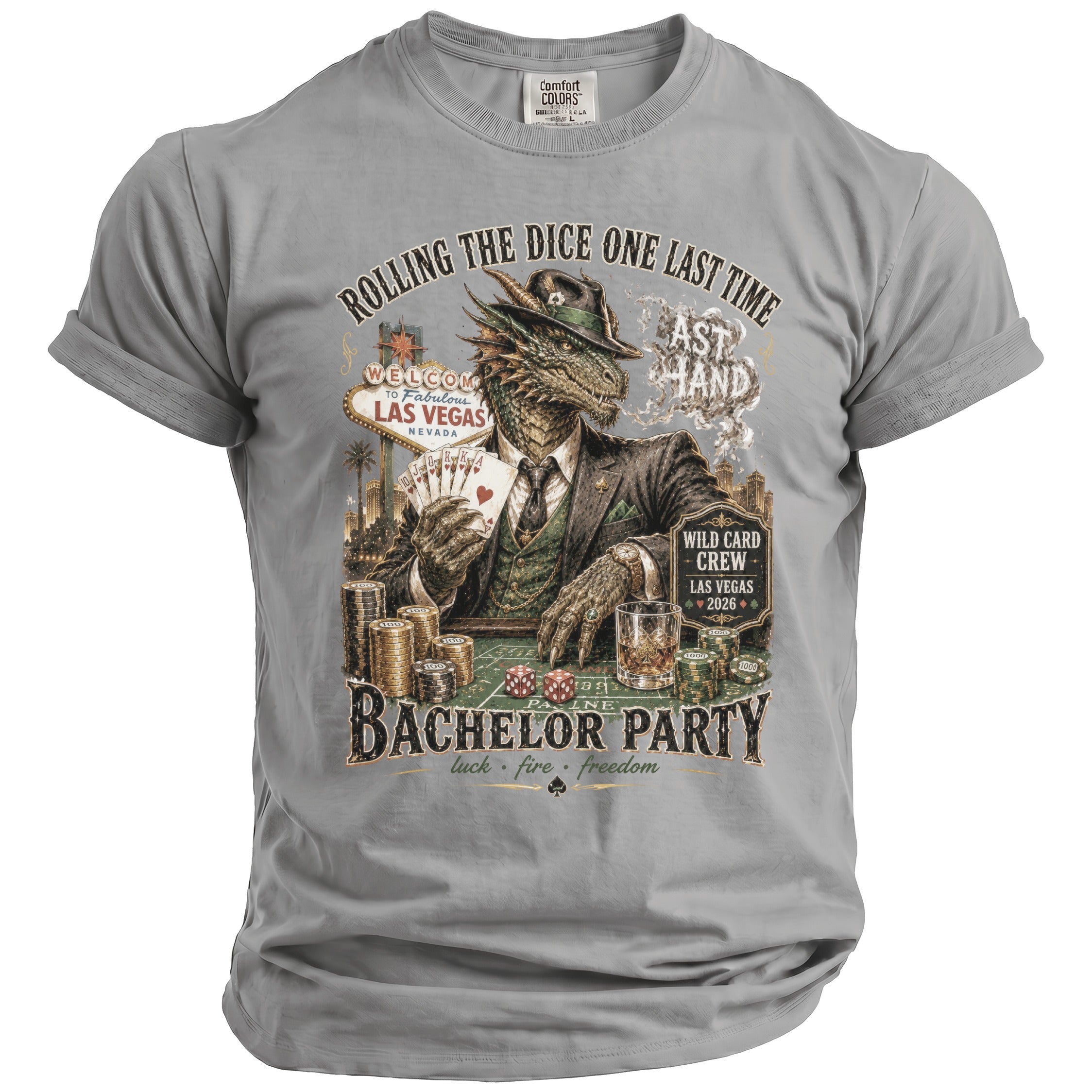 Grey t-shirt featuring a dragon playing poker in Las Vegas for a bachelor party.