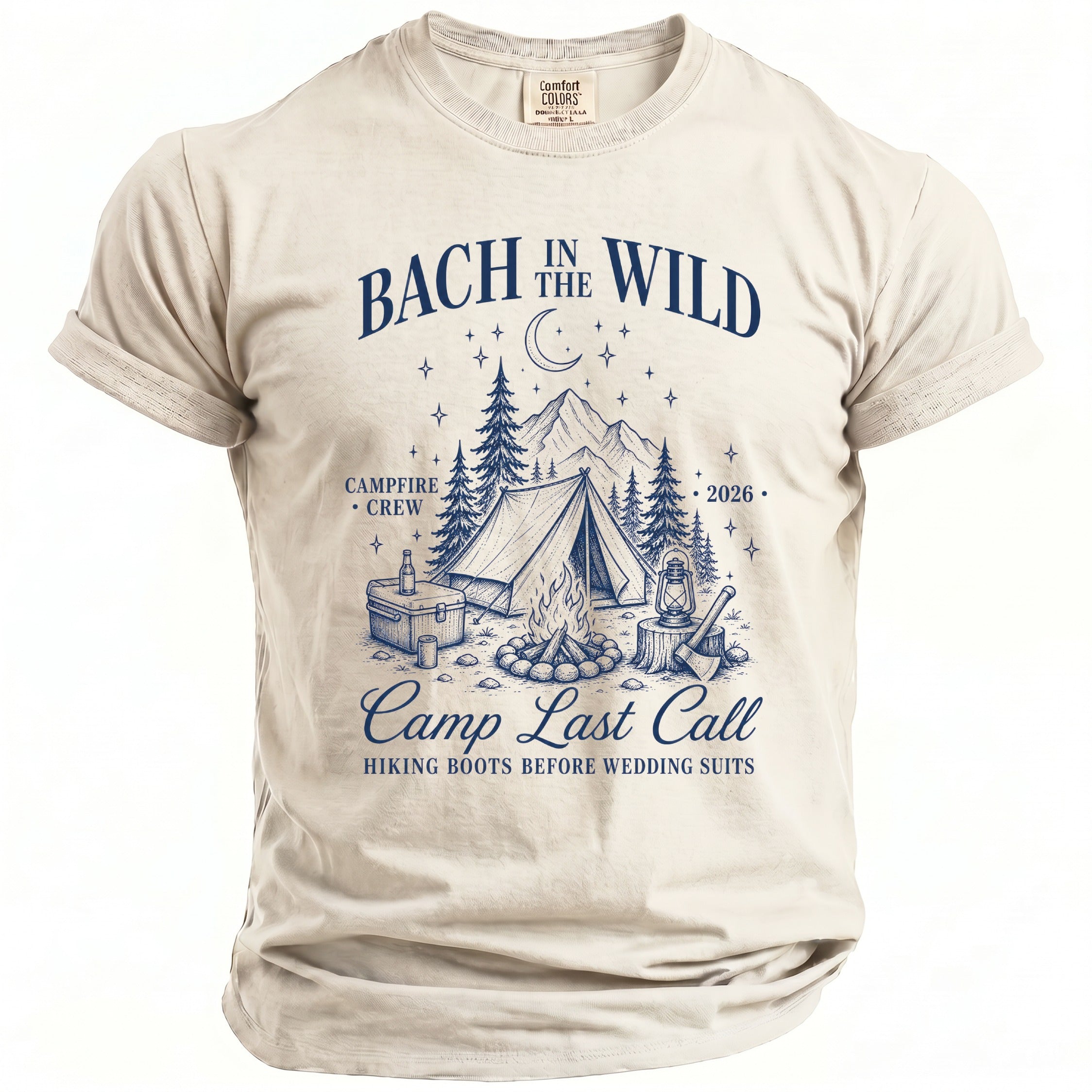 T-shirt with "Bach in the Wild" graphic featuring camping scene and text.