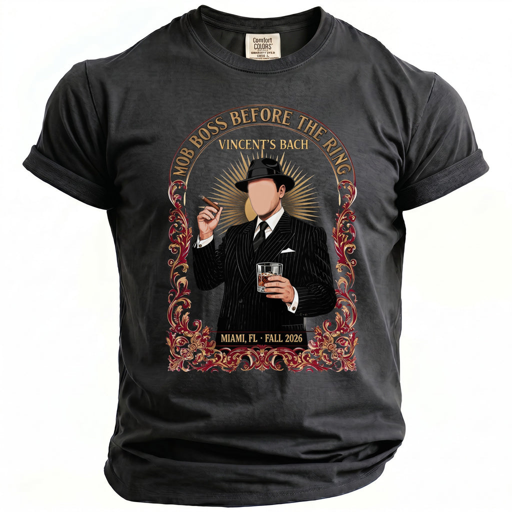 T-shirt graphic of a man in a pinstripe suit holding a cigar and whiskey.
