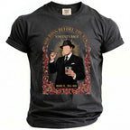 T-shirt graphic of a man in a pinstripe suit holding a cigar and whiskey.