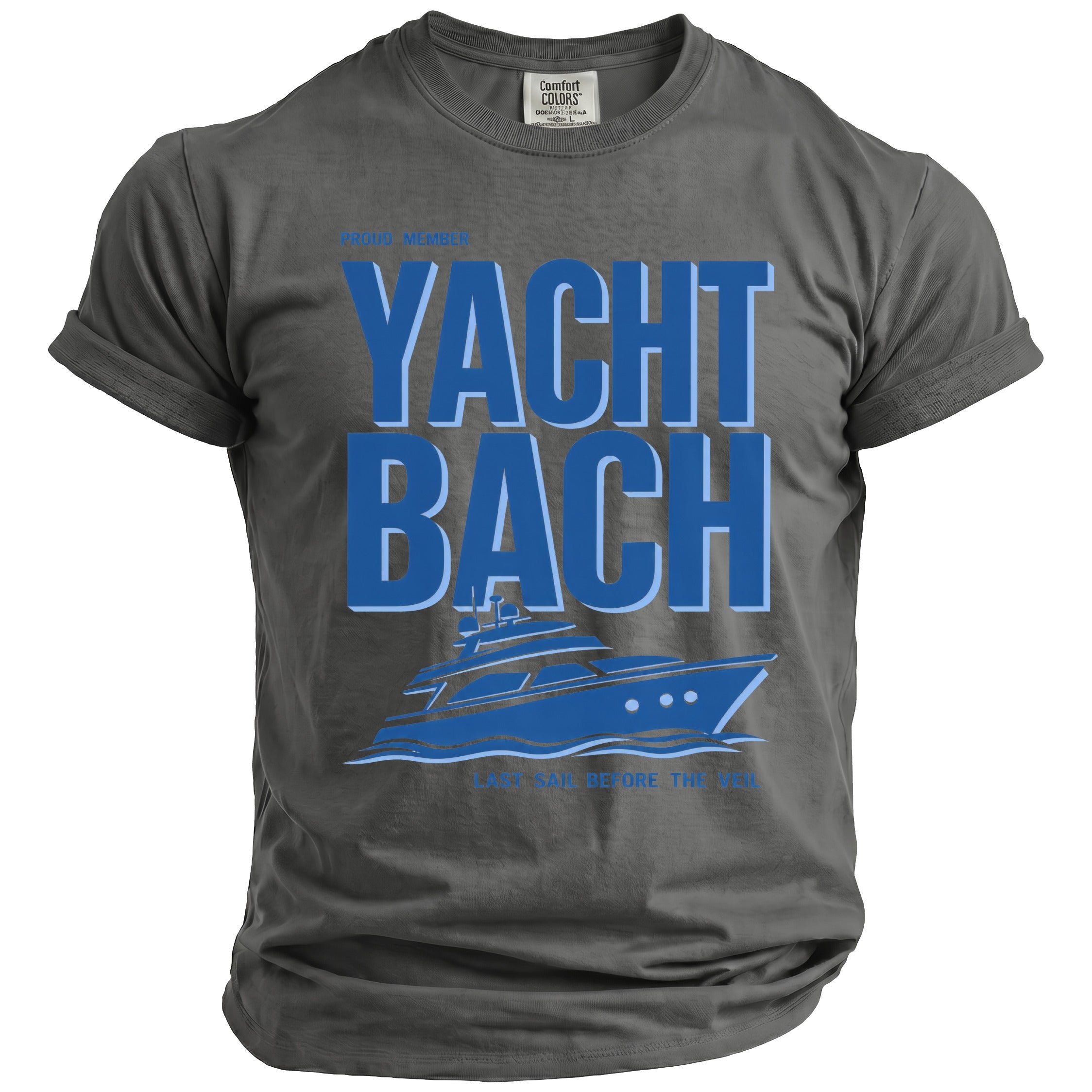 Gray t-shirt with blue text "Proud Member Yacht Bach" and a blue yacht graphic.
