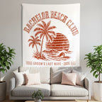 Bachelor Beach Club tapestry with palm trees, sunset, and waves; "Groom's Last Wave 2026".