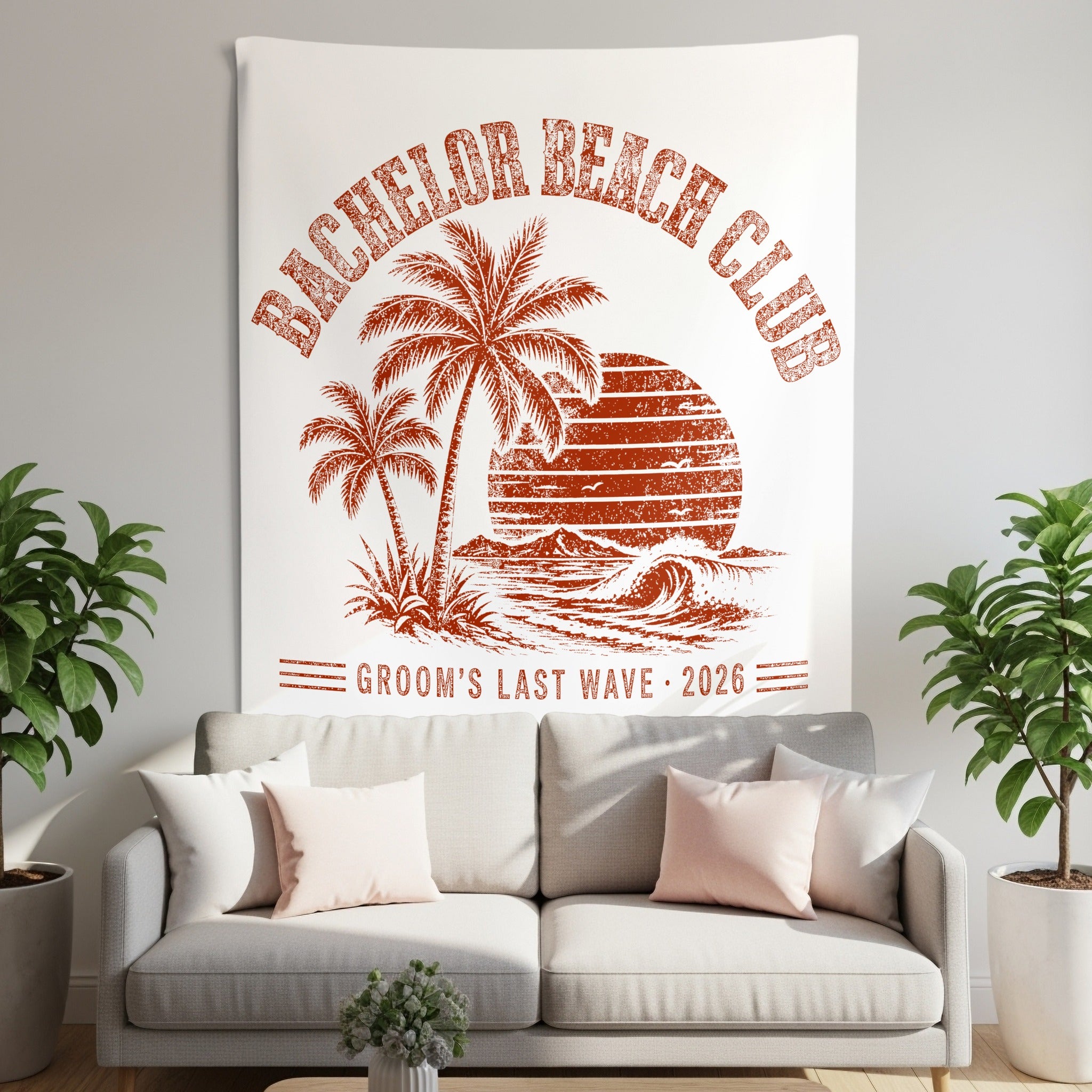 Bachelor Beach Club tapestry with palm trees, sunset, and waves; "Groom's Last Wave 2026".