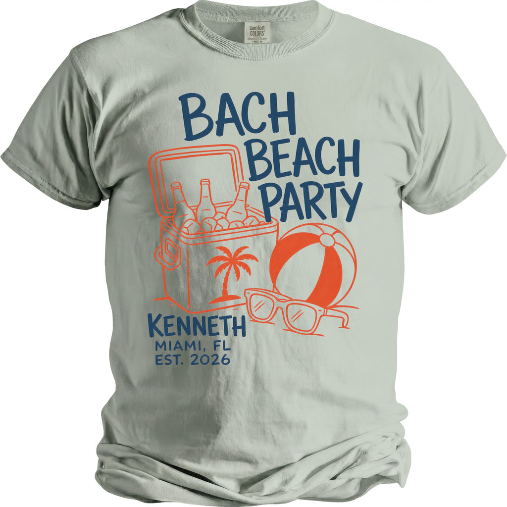 "Bach Beach Party" graphic with cooler, beach ball, and sunglasses; Kenneth, Miami, FL, Est. 2026.