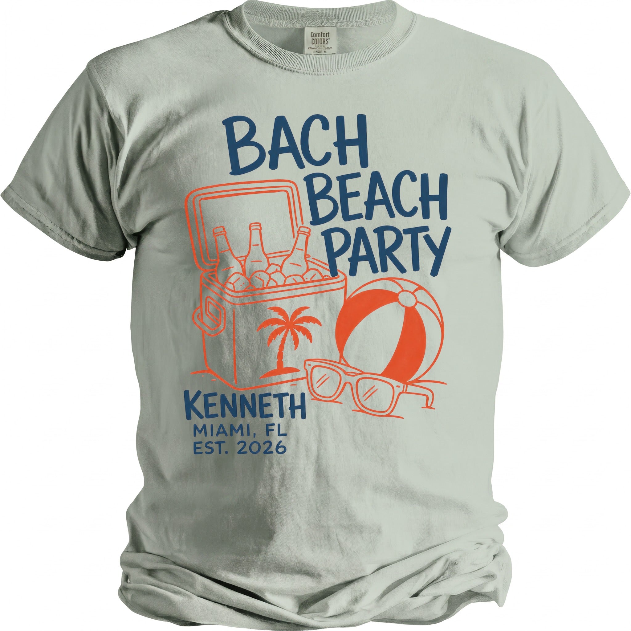 "Bach Beach Party" graphic with cooler, beach ball, and sunglasses; Kenneth, Miami, FL, Est. 2026.