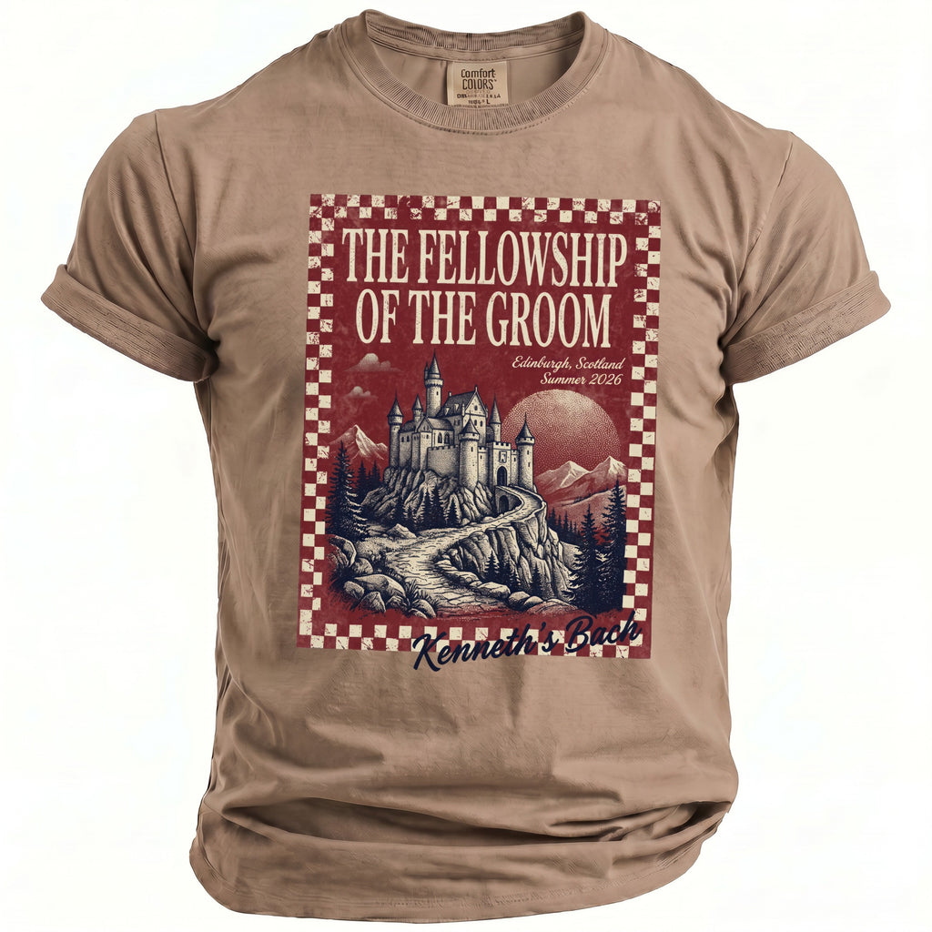 T-shirt graphic: "The Fellowship Of The Groom" castle in Scotland Summer 2026 Kenneth's Buck