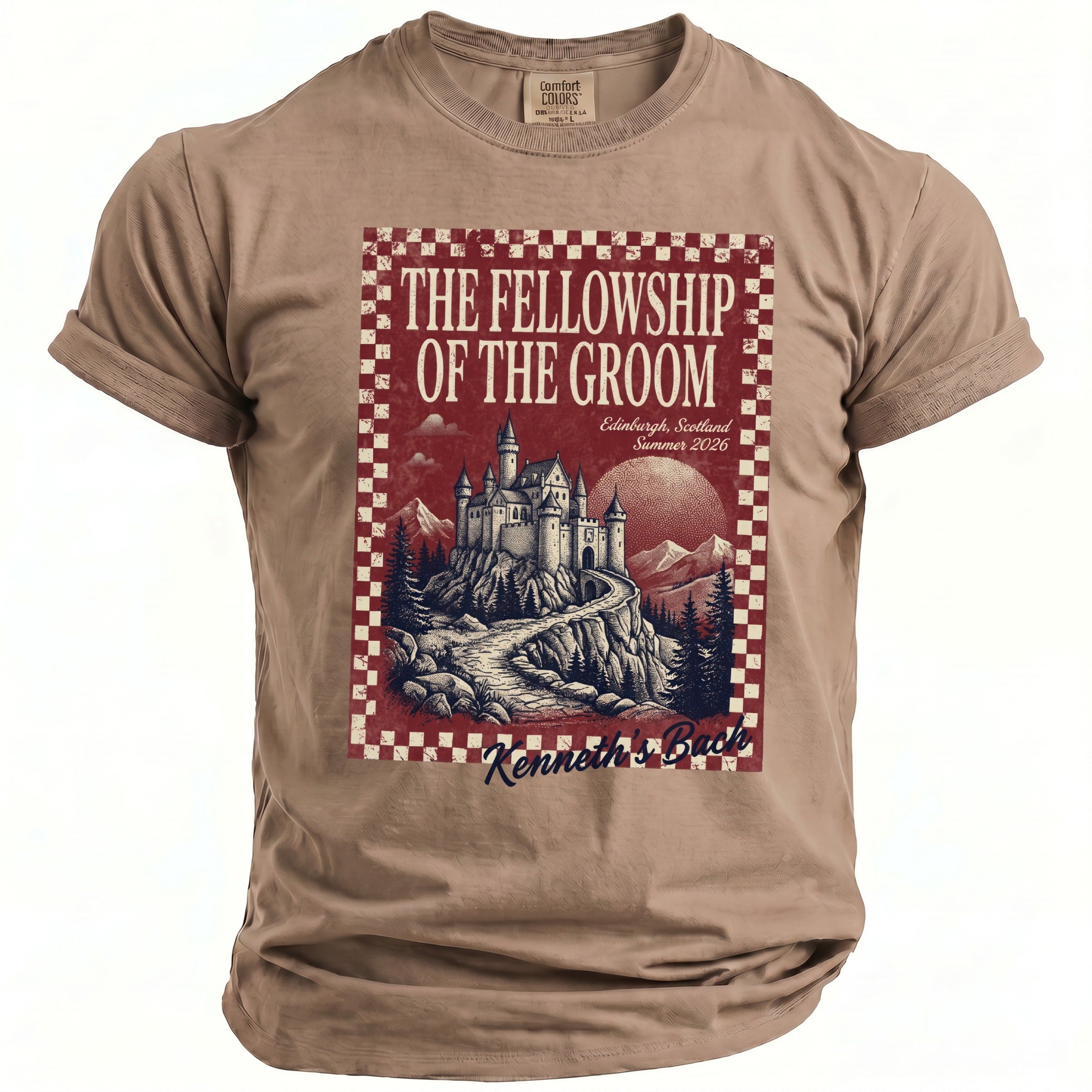 T-shirt graphic: "The Fellowship Of The Groom" castle in Scotland Summer 2026 Kenneth's Buck