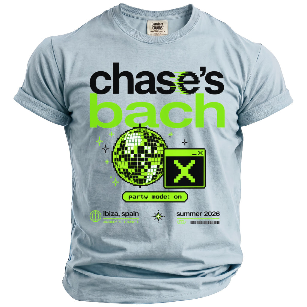 Light blue t-shirt with black and neon green "chase's bach" graphic.