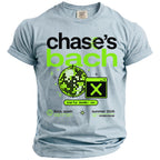 Light blue t-shirt with black and neon green "chase's bach" graphic.