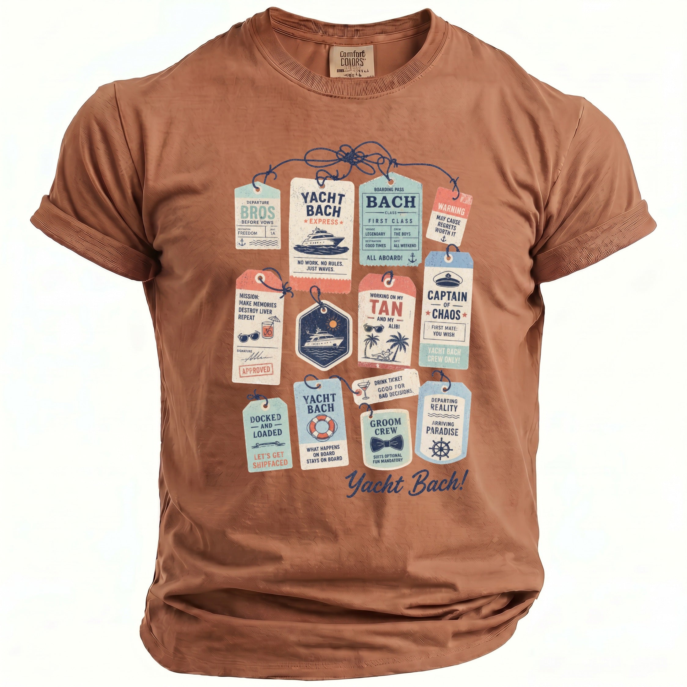 Brown t-shirt featuring a collection of humorous yacht party-themed tags and boarding passes.