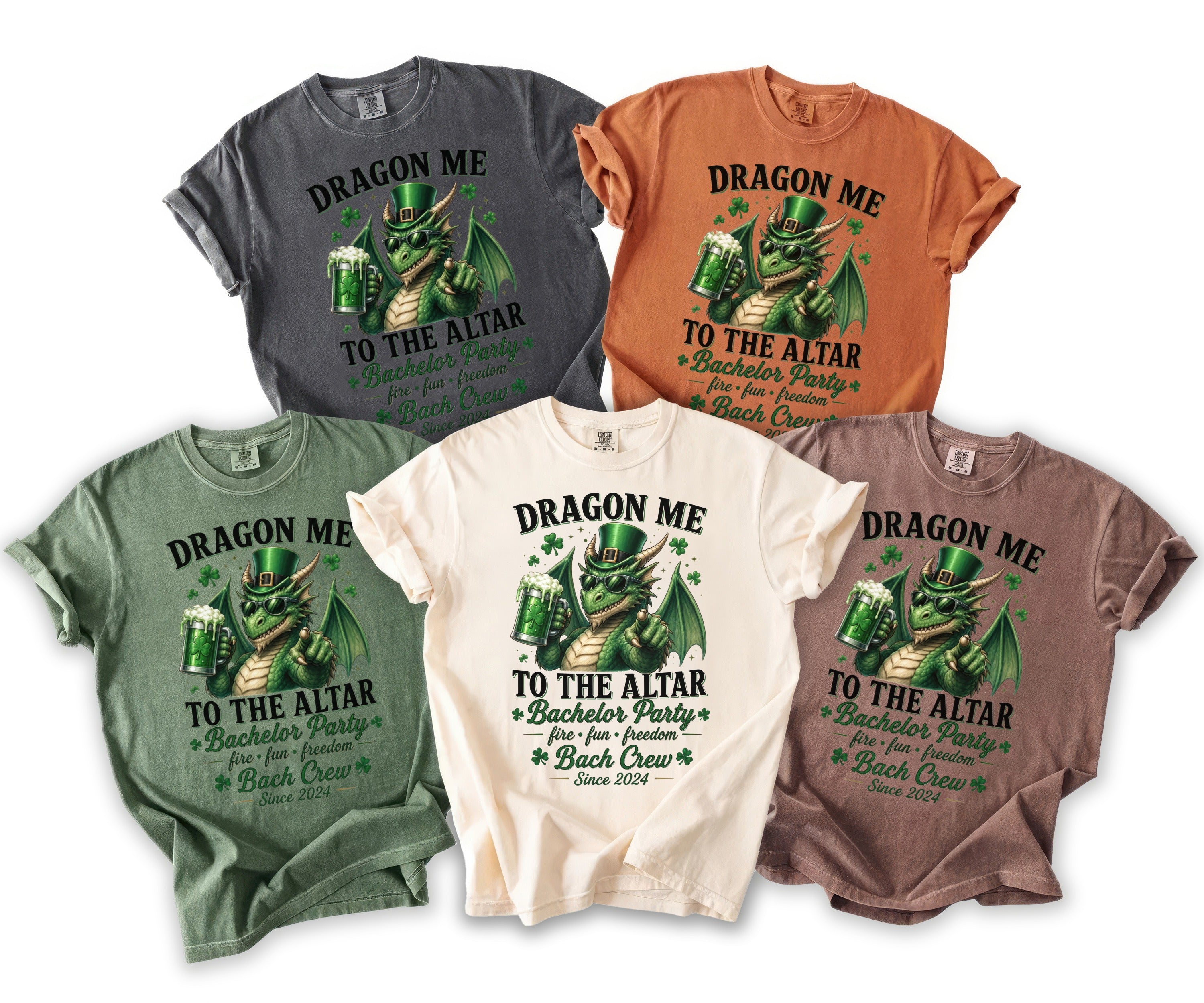 T-shirts featuring a green dragon with a leprechaun hat holding beer, with text.