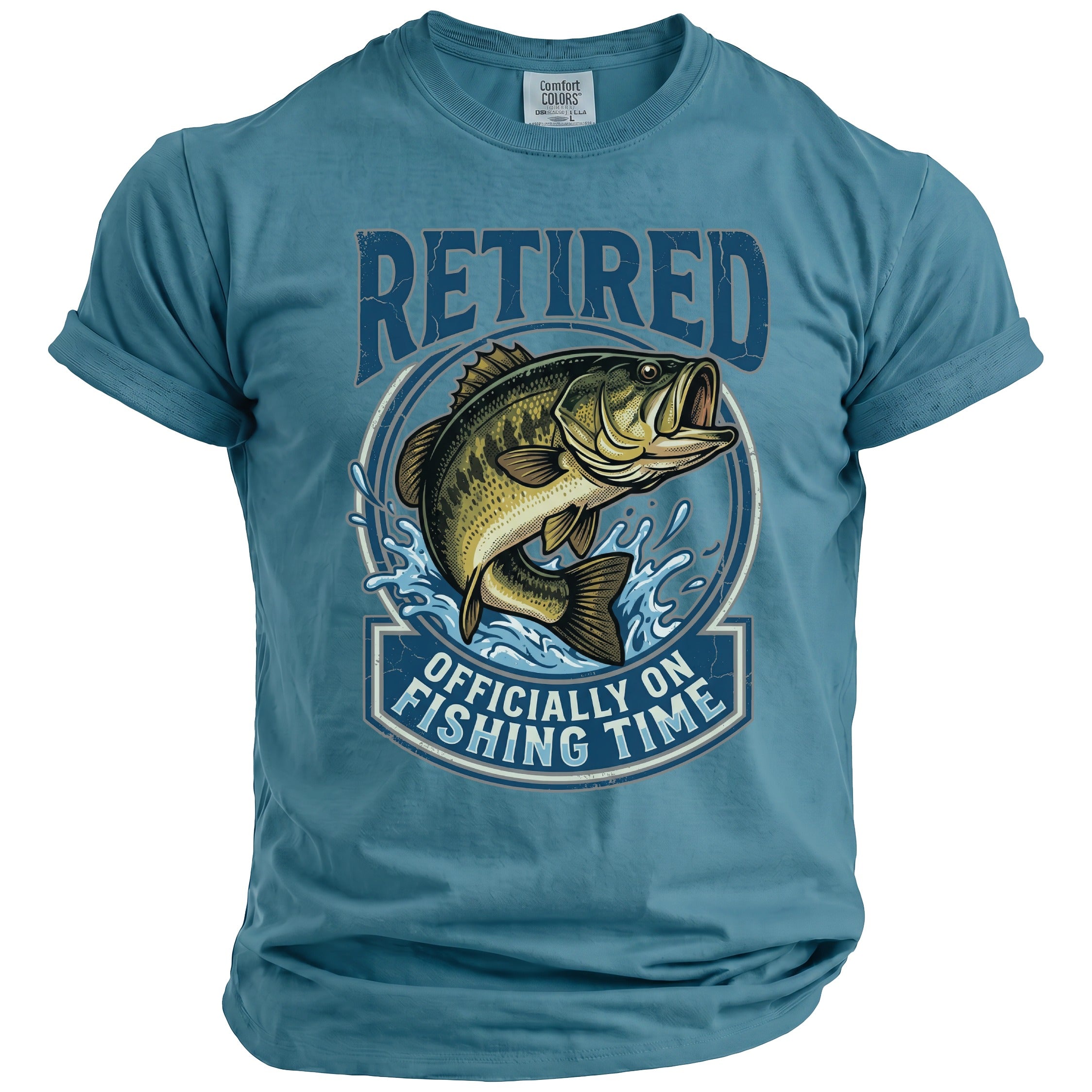 Blue t-shirt with graphic reading "RETIRED OFFICIALLY ON FISHING TIME" and a bass fish.