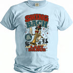 Light blue t-shirt with "Swing Bach", "Last Dance", and dancing figures graphic.