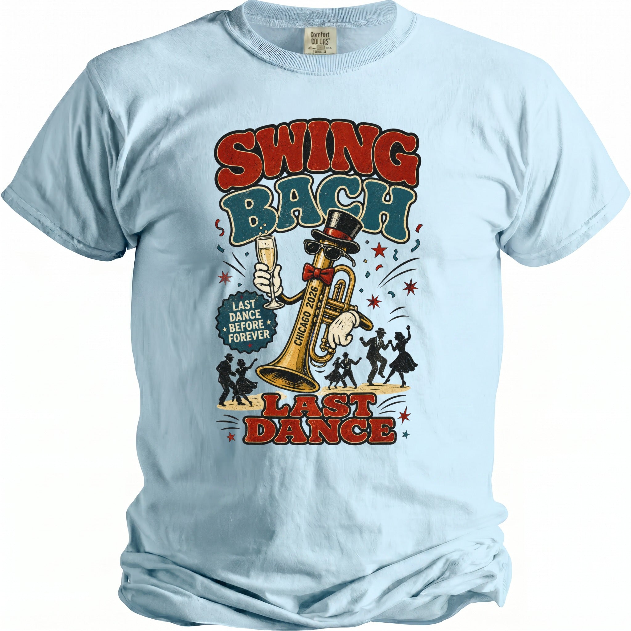 Light blue t-shirt with "Swing Bach", "Last Dance", and dancing figures graphic.