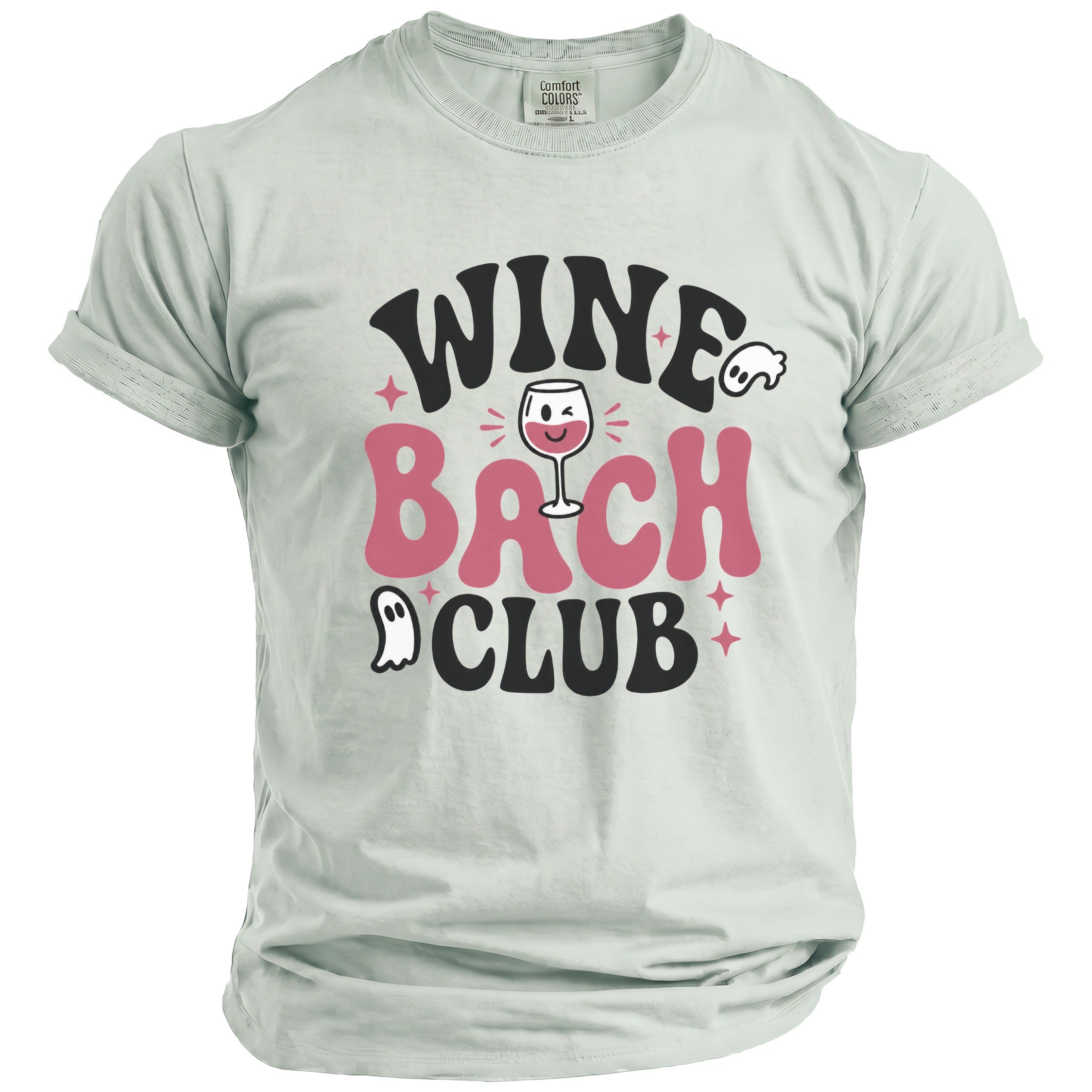 Light mint t-shirt with "Wine Bach Club" text and ghost graphics.
