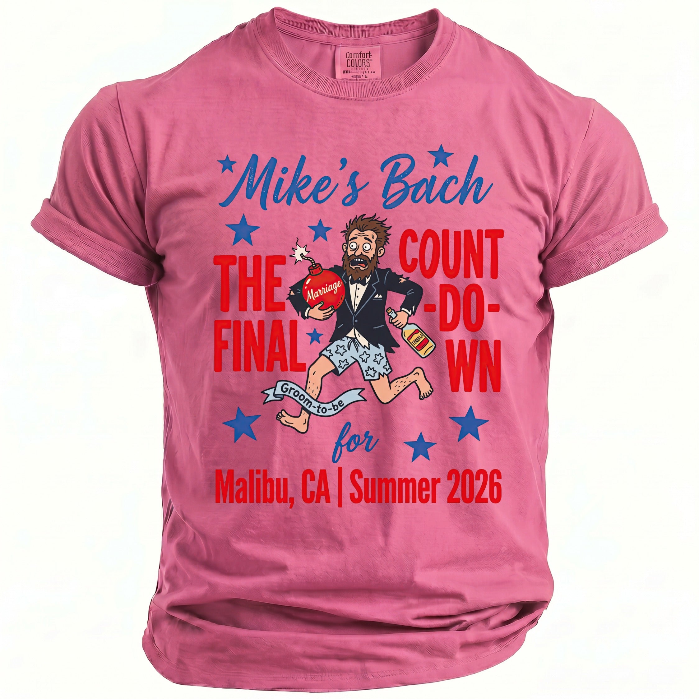 Pink t-shirt with "Mike's Bach The Final Count-Down" text and running groom cartoon.
