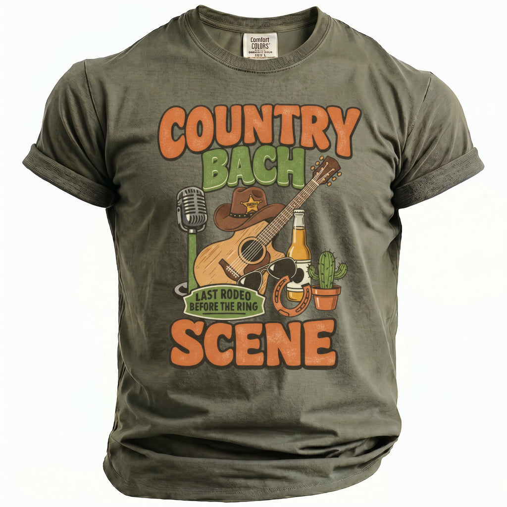 Green t-shirt with "Country Bach Last Rodeo Before the Ring Scene" graphic.