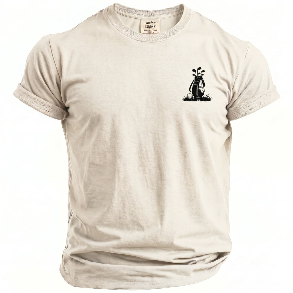 Light cream t-shirt with black golf bag graphic and "GROOM" on a towel.