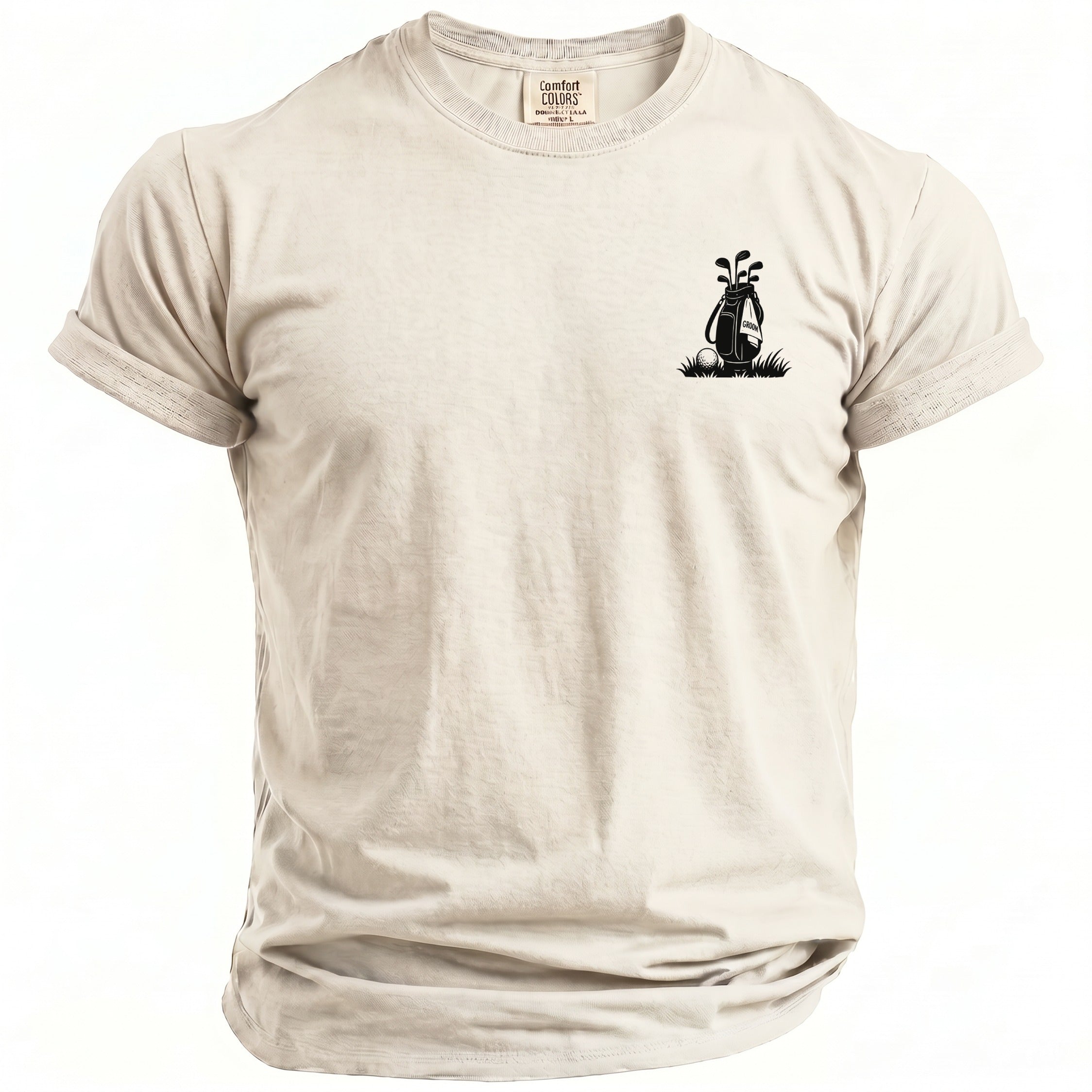 Light cream t-shirt with black golf bag graphic and "GROOM" on a towel.