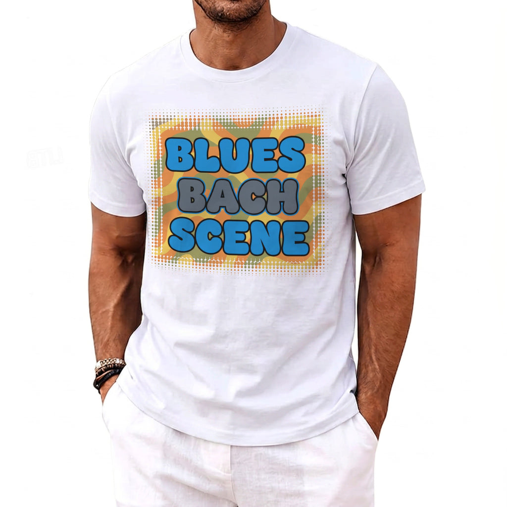 White t-shirt with blue and grey text reading "BLUES BACH SCENE" on a colorful background.