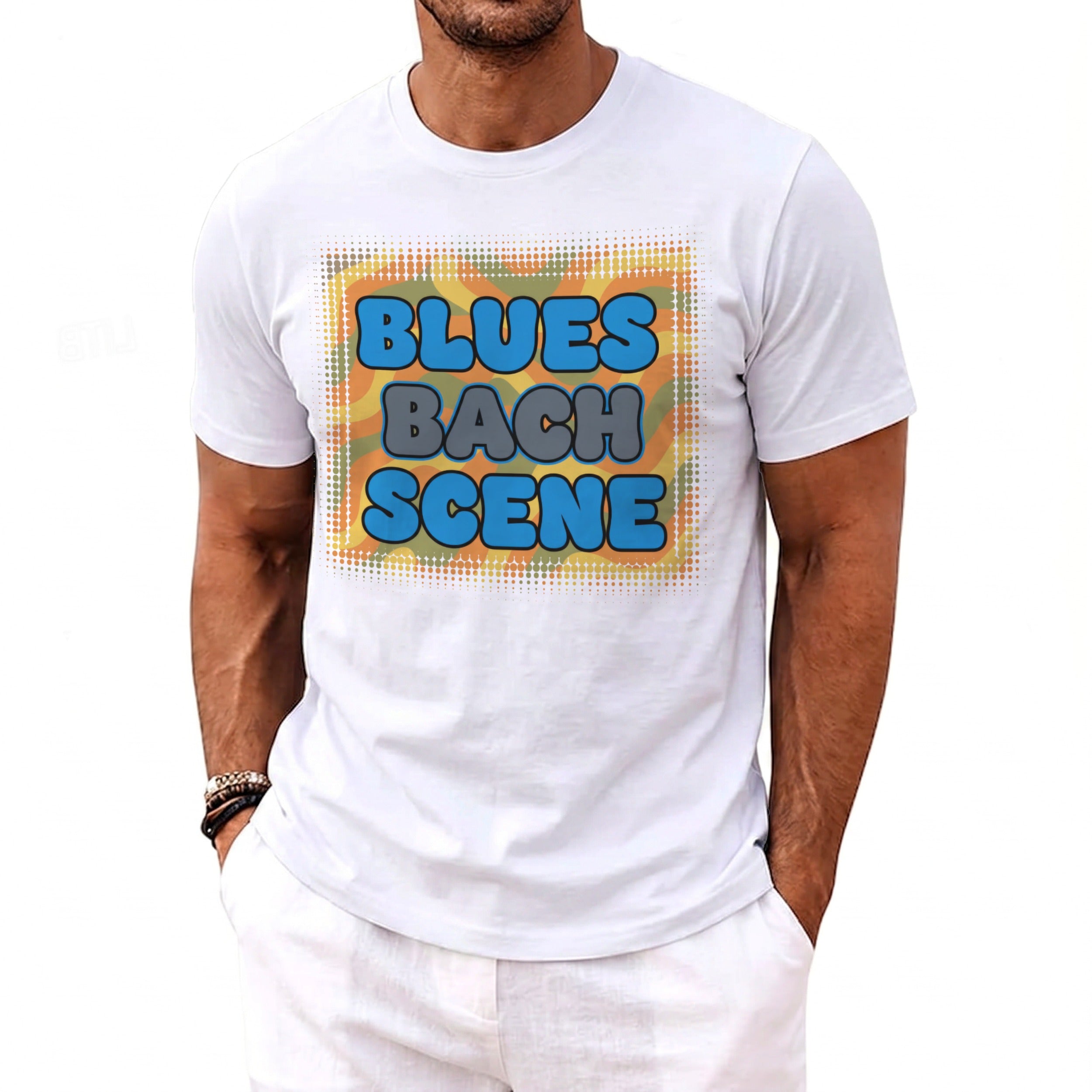 White t-shirt with blue and grey text reading "BLUES BACH SCENE" on a colorful background.