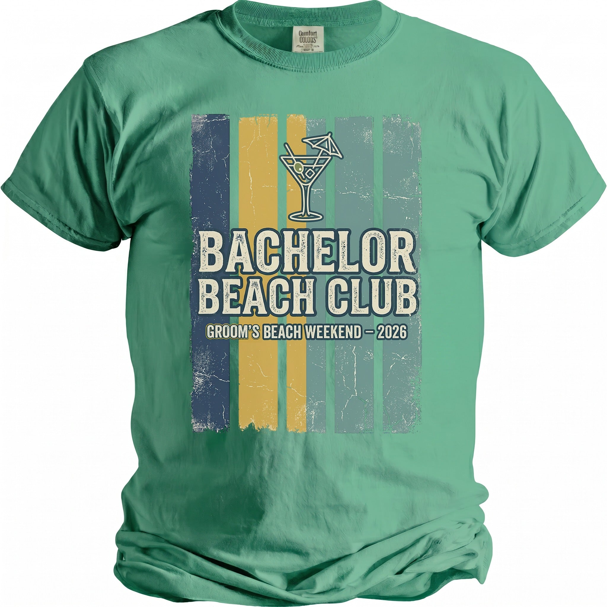 Green t-shirt with "Bachelor Beach Club Groom's Beach Weekend - 2026" text and cocktail graphic.