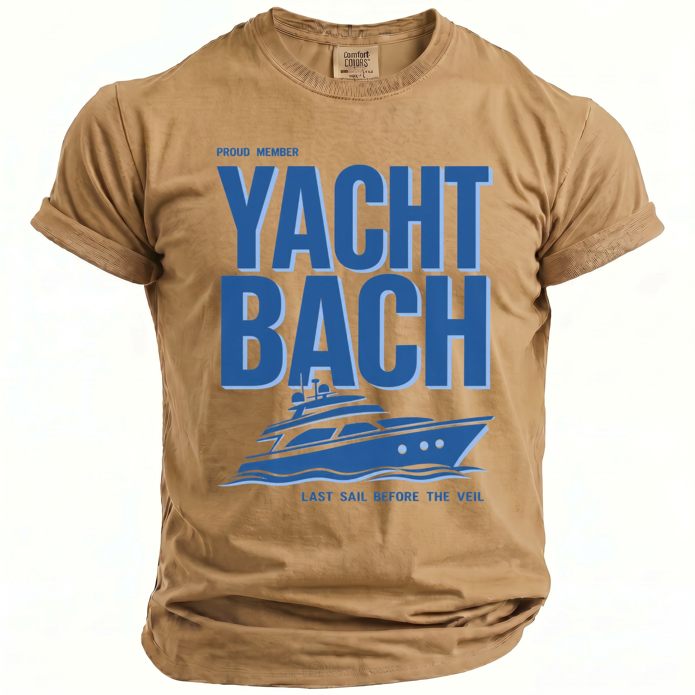 Tan t-shirt with blue text "PROUD MEMBER YACHT BACH" and a yacht graphic.