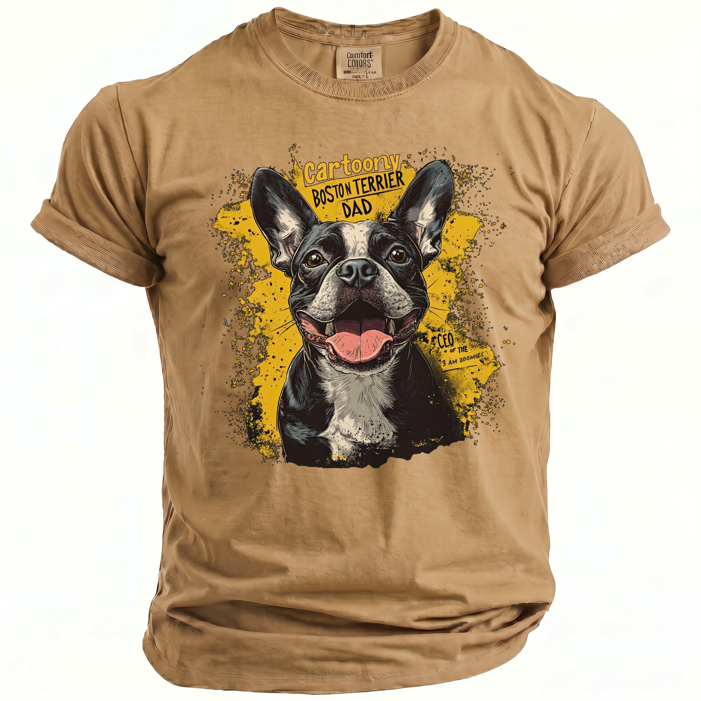 Brown t-shirt with a cartoon Boston Terrier design and text "Cartoony Boston Terrier Dad".