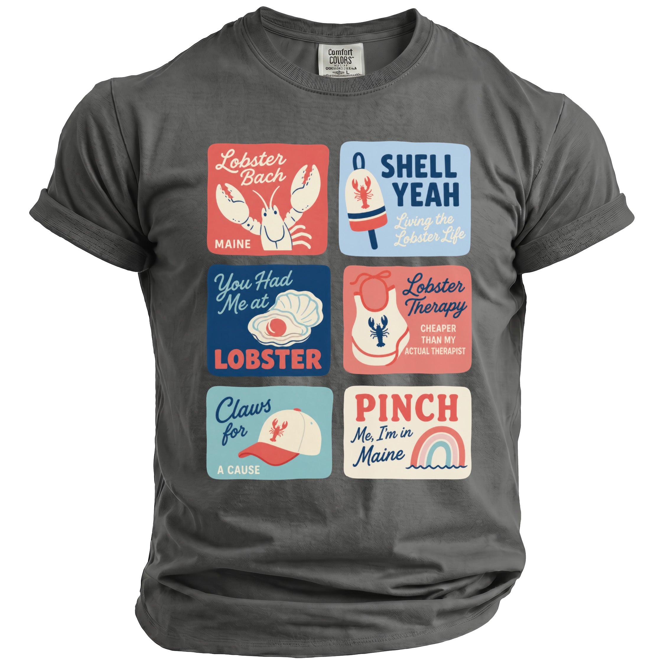 T-shirt with six graphic blocks: lobster, popsicle, oyster, bib, baseball cap, and rainbow.