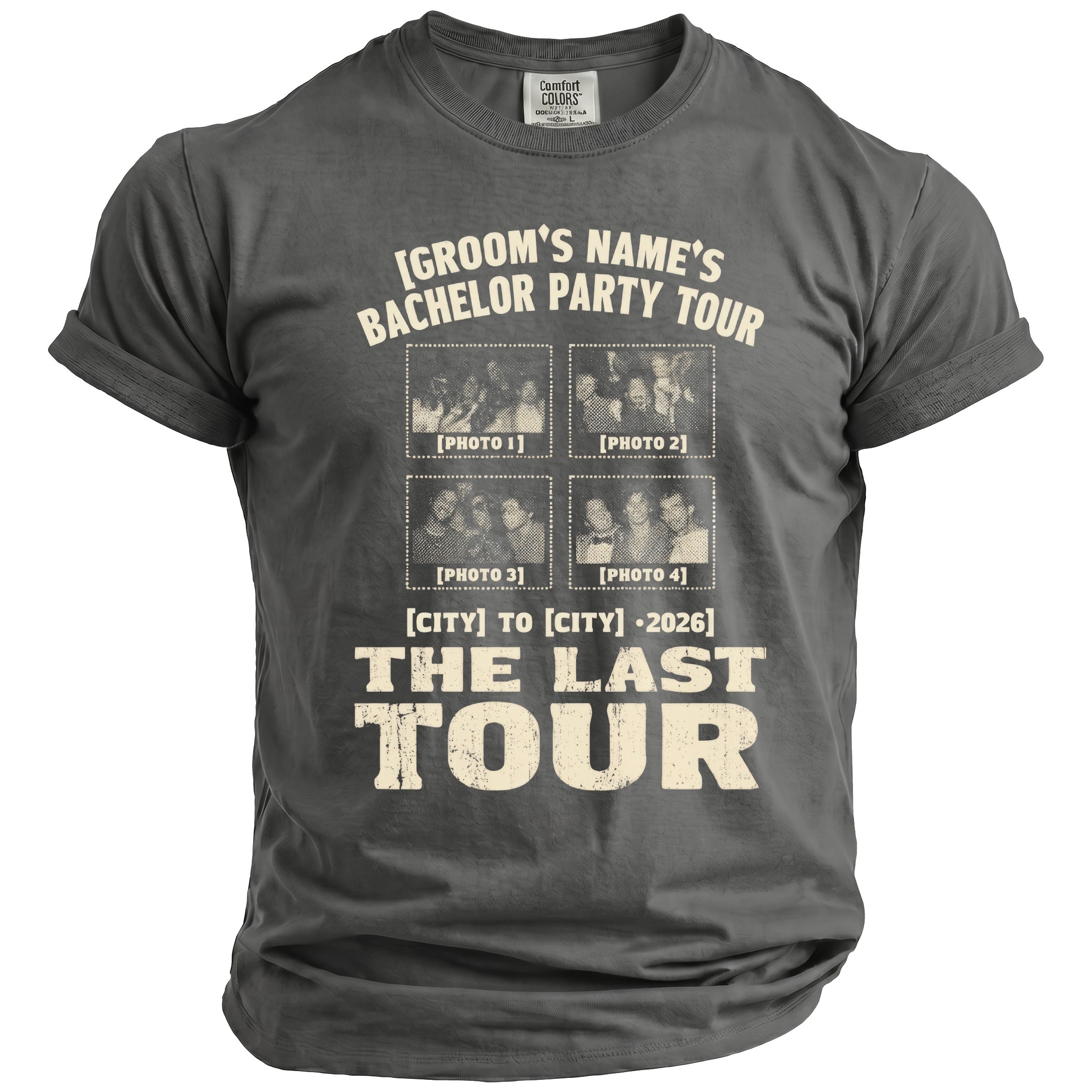 Groom's Bachelor Party Tour t-shirt with photos and tour dates.