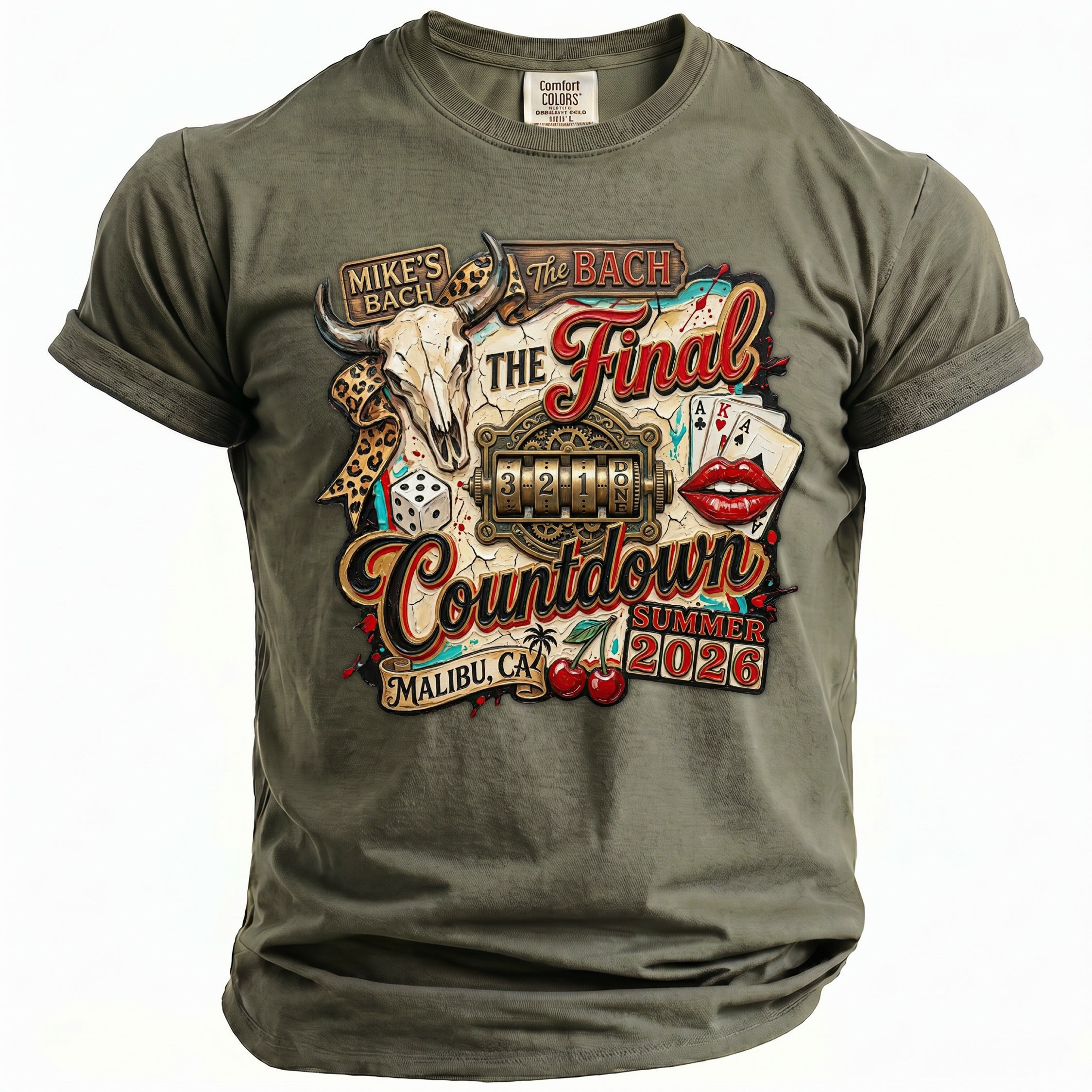 T-shirt with "The Final Countdown" graphic featuring bull skull, dice, and lipstick.