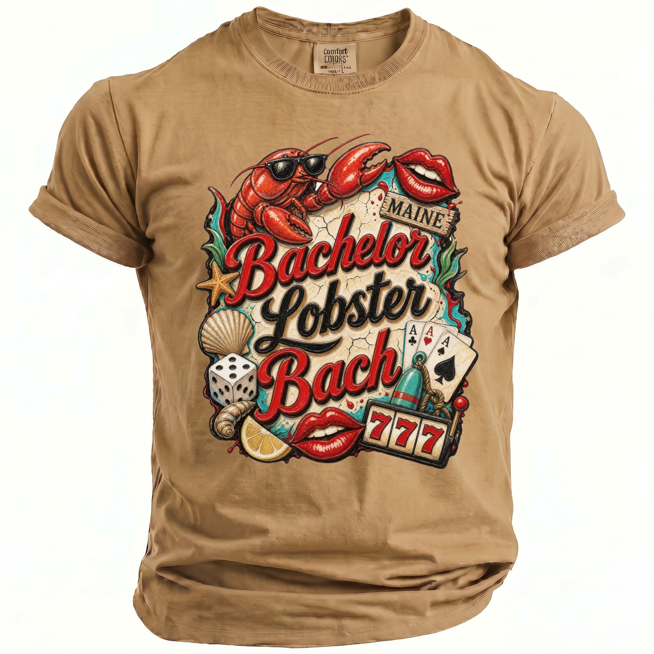 Tan t-shirt with "Bachelor Lobster Bach" text, lobster, lips, dice, cards, and slot machine graphic.