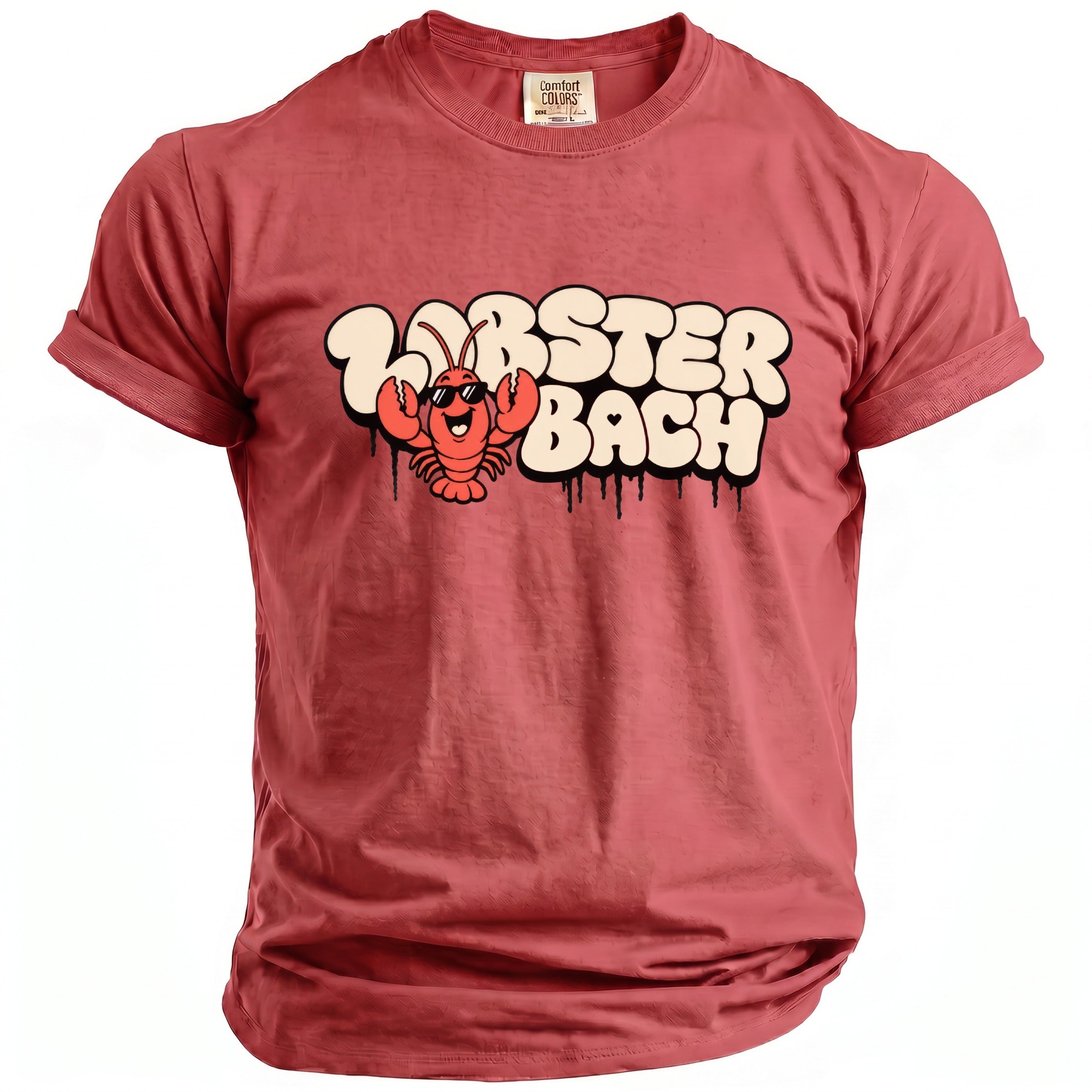 Red t-shirt with a smiling lobster wearing sunglasses and text "Lobster Bach".