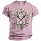 T-shirt with "Last Swing Before the Ring Bachelor Weekend 2026" and golf graphic.