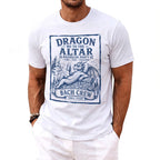 White t-shirt with blue text, "Dragon Me to the Altar," and a dragon graphic.