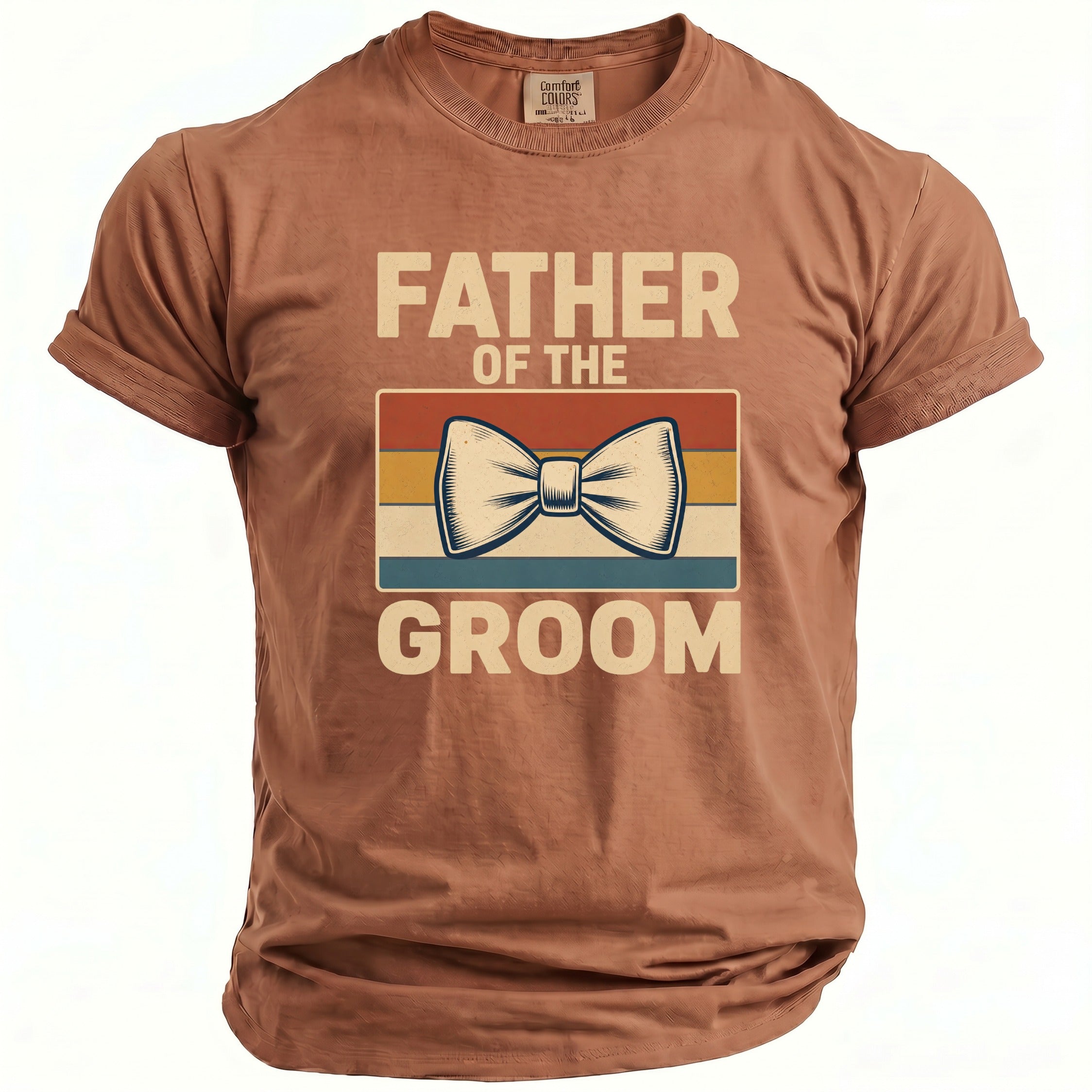 Brown t-shirt with "Father of the Groom" text and a bow tie graphic.