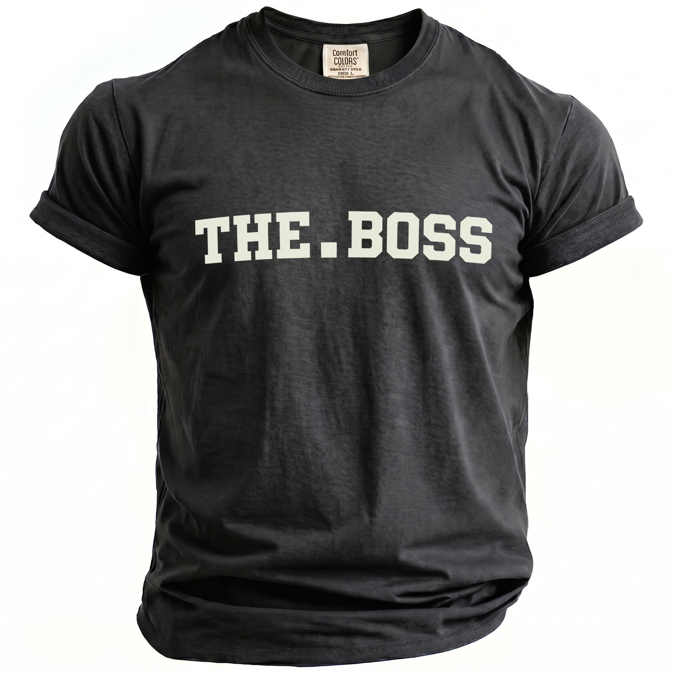 Dark gray t-shirt with "THE.BOSS" in cream block letters.