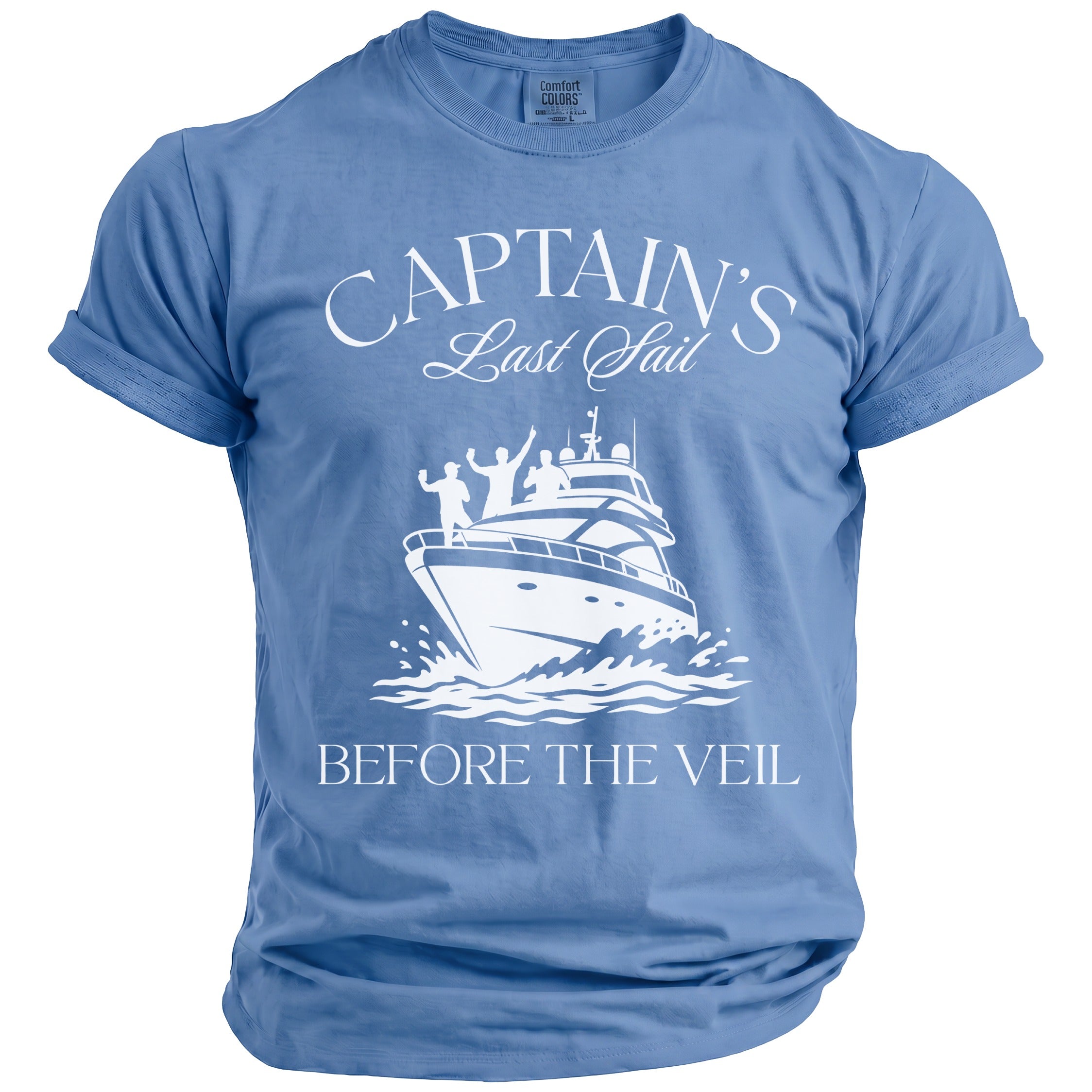 Blue t-shirt with white text and graphic of a yacht and people.