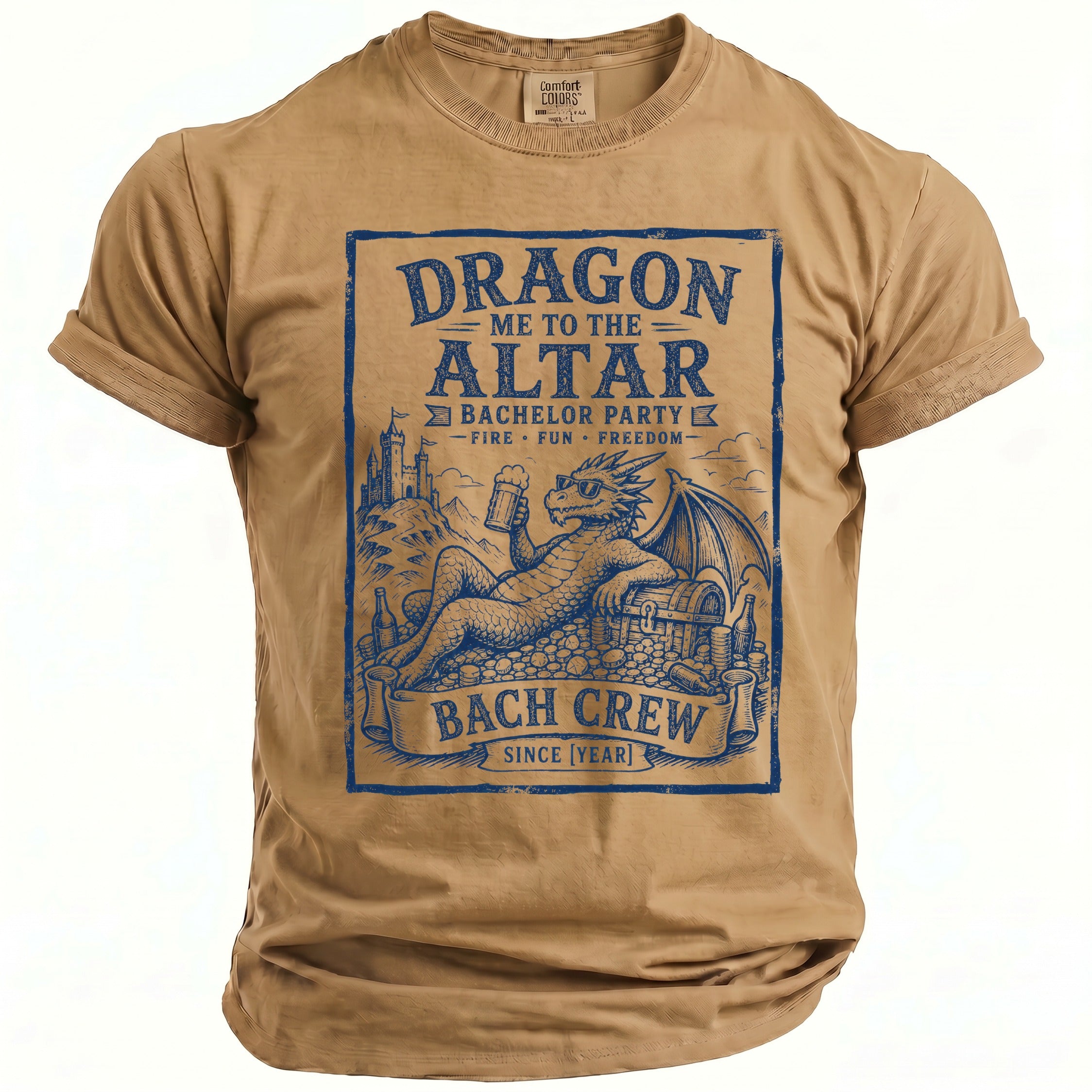 Tan t-shirt with "Dragon Me to the Altar, Bachelor Party, Bach Crew" graphic.