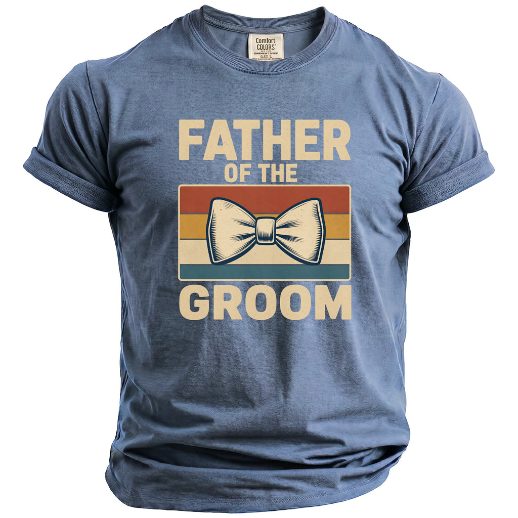 Blue t-shirt with "FATHER OF THE GROOM" text and bow tie graphic.