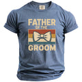 Blue t-shirt with "FATHER OF THE GROOM" text and bow tie graphic.