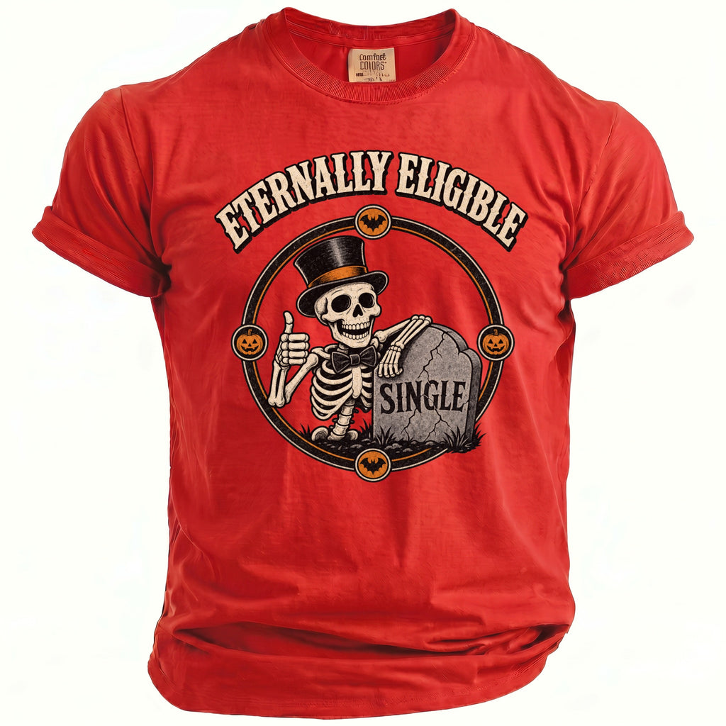Red t-shirt with skeleton, tombstone reading "SINGLE", and text "ETERNALLY ELIGIBLE".