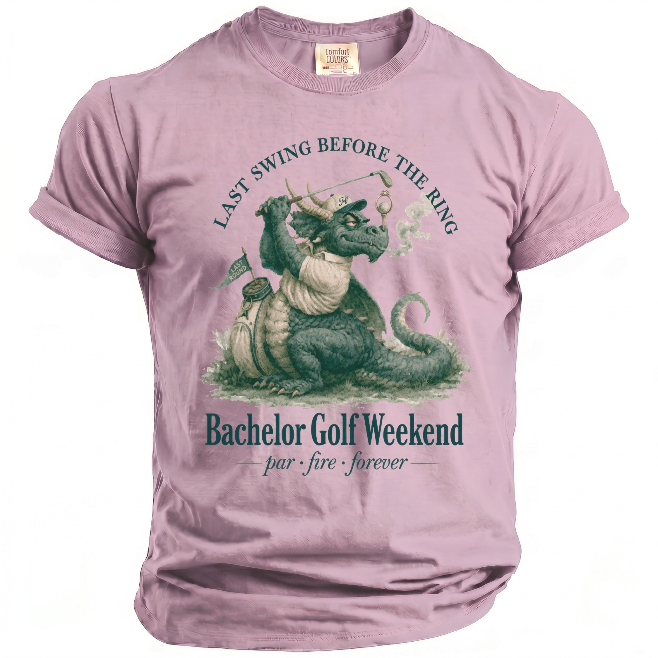Pink t-shirt with a dragon golfer graphic and text "Bachelor Golf Weekend".
