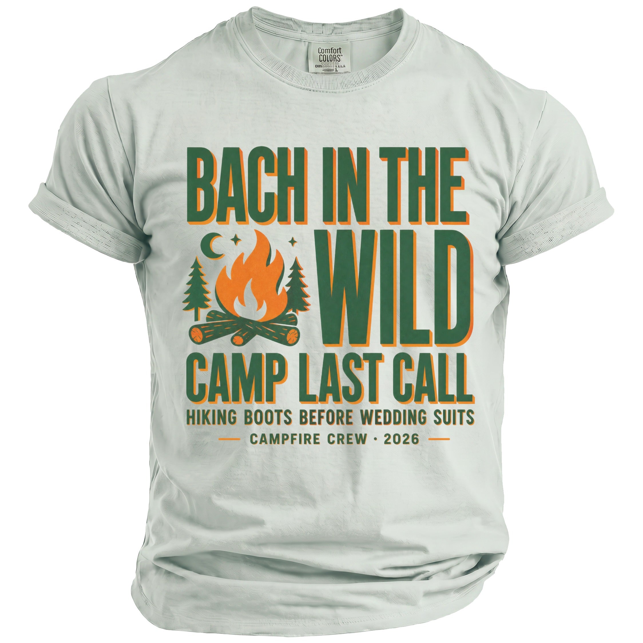 Light gray t-shirt with "Bach in the Wild" and "Camp Last Call" graphics.